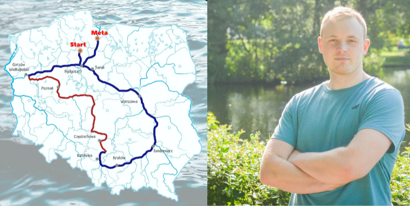 Na zdjęciu Jacek Połubicki i mapa z trasa, jaką pokonał kajakiem latem 2020 r.