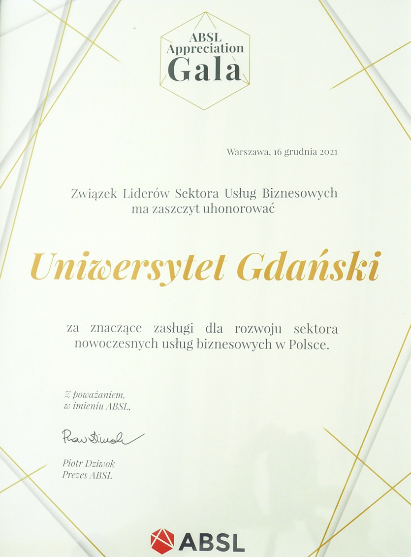 Dyplom przyznany Uniwersytetowi Gdańskiemu