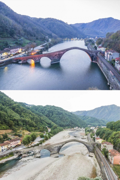 Na zdjęciach rzeka Serchio w mieście Lucca: u góry listopad 2021, na dole czerwiec 2022 roku/FABIO MUZZI /PAP/EPA