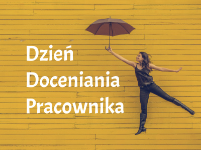 Grafika Dzień Doceniania Pracownika z młodą radosną kobietą z parasolką