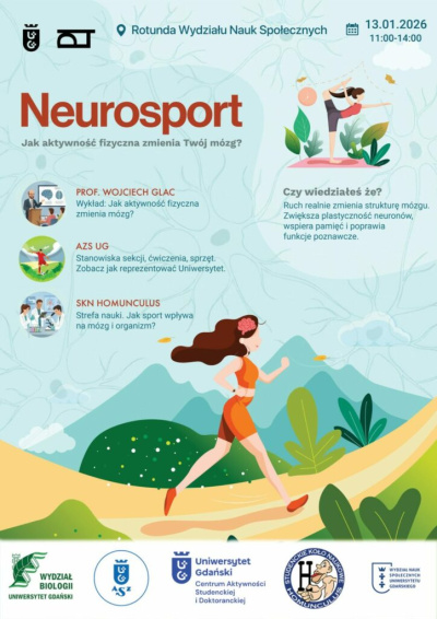Plakat Neurosport z motywami aktywności fizycznej i logotypami organizatorów