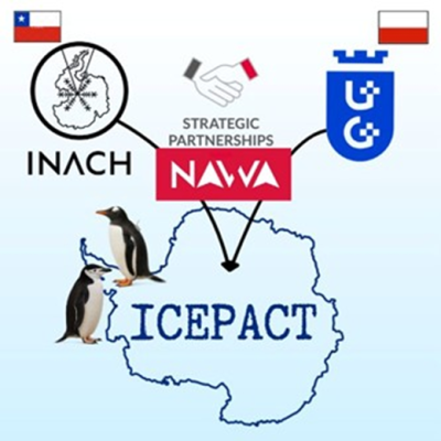 plakat: nazwa ICEPACT na tle zarysu Antarktydy, pingwiny, logotypy partnerów