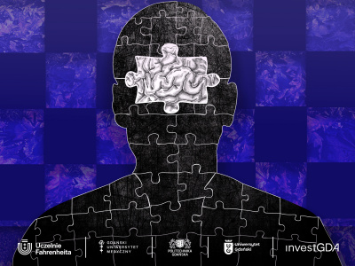 Grafika ilustracyjna z motywem głowy ułożonej z puzzli, w dolnej części logotypy związane z projektem NEUROMAPA