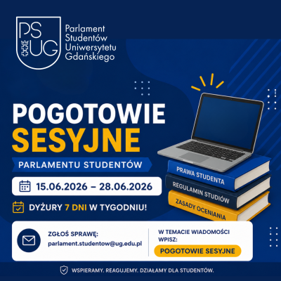 Grafika informacyjne akcji Pogotowie Sesyjne Parlamentu Studentów UG