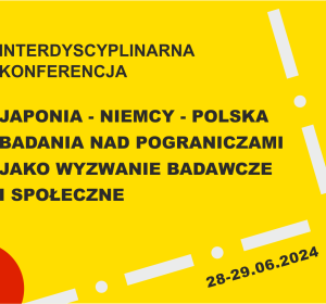 kafel_konferencja Japonia-Polska-Niemcy - czarny napis na żółtym tle z białym symbolem kartograficznym granicy państwa, w rogu fragment czerwonego koła