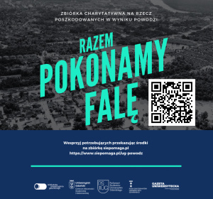 Grafika - Razem pokonamy falę z kodem QR do zbiórki na rzecz studentów poszkodowanych w powodzi