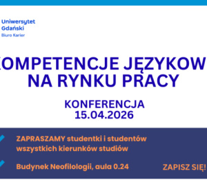 Grafika - granatowy napis Kompetencje językowe na rynku pracy, data i logo UG