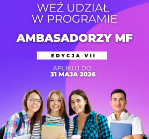 plakat, napis Weź udział w programie Ambasadorzy Ministerstwa Finansów edycja VII, aplikuj do 31 maja 2026, na dole plakatu czwórka młodych ludzi z teczkami, notesami i kawą