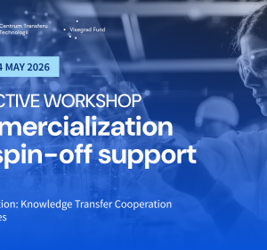 Napis Interactive workshop Commercialization and spin-off support na niebieskim tle, na drugim planie kobieta w okularach laboratoryjnych