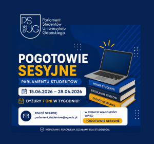 Grafika informacyjne akcji Pogotowie Sesyjne Parlamentu Studentów UG