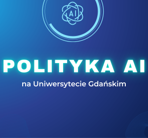 Grafika, na granatowym tle świecący napis Polityka AI na Uniwersytecie Gdańskim