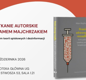 Fragment plakatu informującego o spotkaniu autorskim z Adamem Majchrzakiem z okładką jego książki