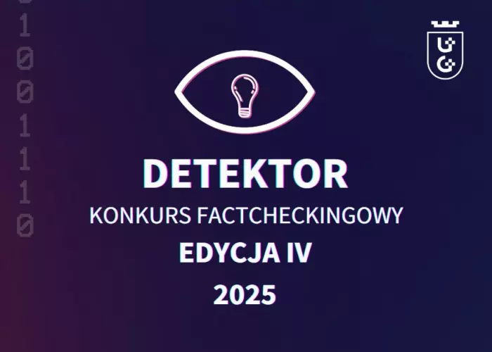 Biała grafika: oko z żarówką i napis DETEKTOR - KONKURS FACTCHECKINGOWY, EDYCJA IV, 2025