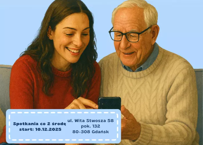 Ilustracja: Students for seniors - helping elderly people navigate the world of new technologies