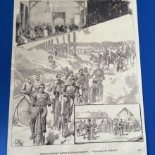 Karta z czasopisma ukazująca cyklistów.