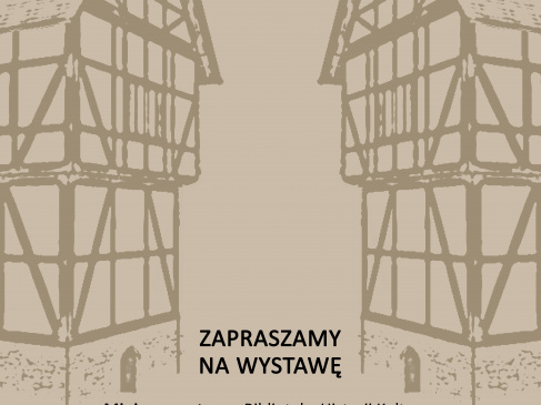 Plakat reklamujący wystawę: na beżowym tle grubą kreską widoczne dwa domy wieżowe