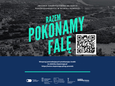 Grafika - Razem pokonamy falę z kodem QR do zbiórki na rzecz studentów poszkodowanych w powodzi
