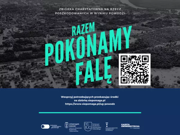 Grafika - Razem pokonamy falę z kodem QR do zbiórki na rzecz studentów poszkodowanych w powodzi