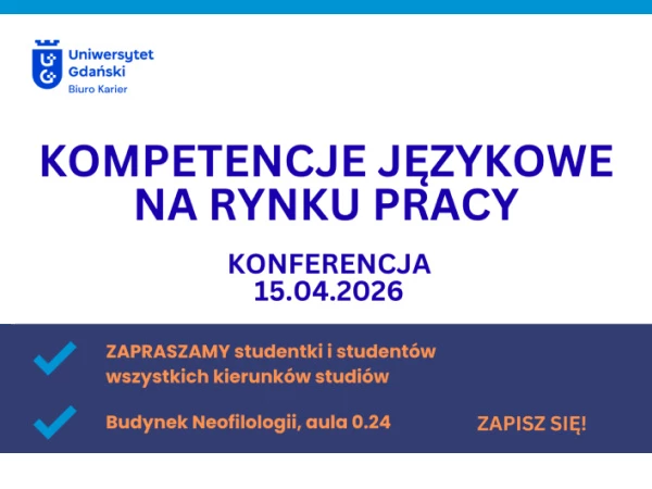 Grafika - granatowy napis Kompetencje językowe na rynku pracy, data i logo UG