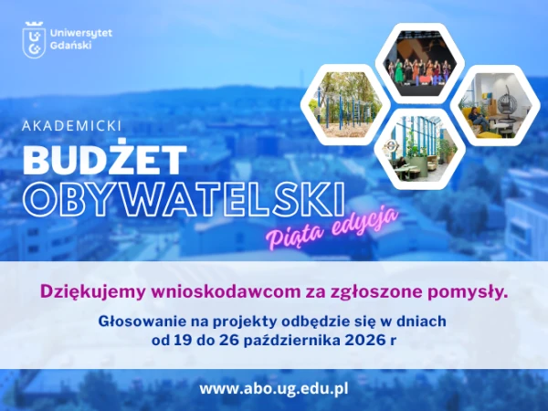 Widok na kampus Oliwa z lotu ptaka napis Akademicki Budżet Obywatelski piąta edycja dziękujemy wnioskodawcom
