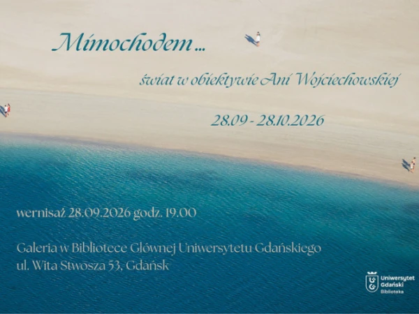 Grafika z motywem morza i plaży, z informacjami o wystawie