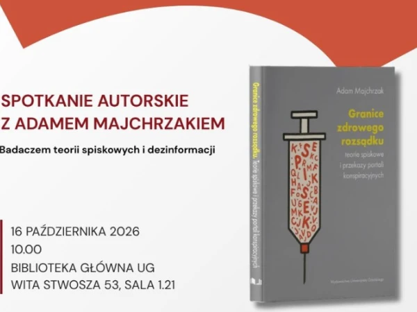 Fragment plakatu informującego o spotkaniu autorskim z Adamem Majchrzakiem z okładką jego książki