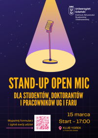 Grafika Stand-up Open Mic dla studentów, doktorantów i pracowników UG i FarU - z motywen oświetlonego mikrofonu na scenie