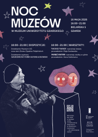 Alfons Łosowski przy pracy, napis NOC MUZEÓW