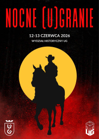 Plakat Nocne UGranie z motywem ciemnej sylwetki kowboja konno na tle żółtego słońca