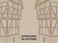 Plakat reklamujący wystawę: na beżowym tle grubą kreską widoczne dwa domy wieżowe
