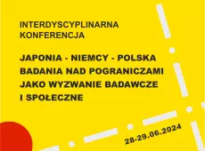 kafel_konferencja Japonia-Polska-Niemcy - czarny napis na żółtym tle z białym symbolem kartograficznym granicy państwa, w rogu fragment czerwonego koła