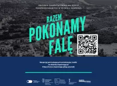 Grafika - Razem pokonamy falę z kodem QR do zbiórki na rzecz studentów poszkodowanych w powodzi