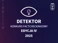 Biała grafika: oko z żarówką i napis DETEKTOR - KONKURS FACTCHECKINGOWY, EDYCJA IV, 2025