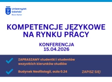 Grafika - granatowy napis Kompetencje językowe na rynku pracy, data i logo UG