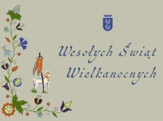 tekst: wesołych świąt wielkanoncych; baranek wielkanocny i haft kaszubski