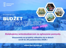 Widok na kampus Oliwa z lotu ptaka napis Akademicki Budżet Obywatelski piąta edycja dziękujemy wnioskodawcom