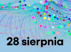 Grafika: CN Experyment; wizualizacja kolorowych cząsteczek na orbitach z napisem 28 sierpnia