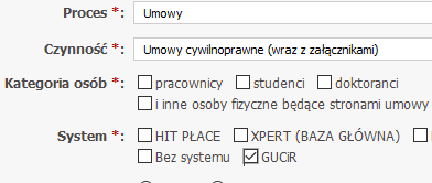 W formularzu we wniosku ODO wybierz następujące opcje. Proces: Umowy. Czynność: Umowy cywilnoprawne (wraz z załącznikami). System: GUCiR