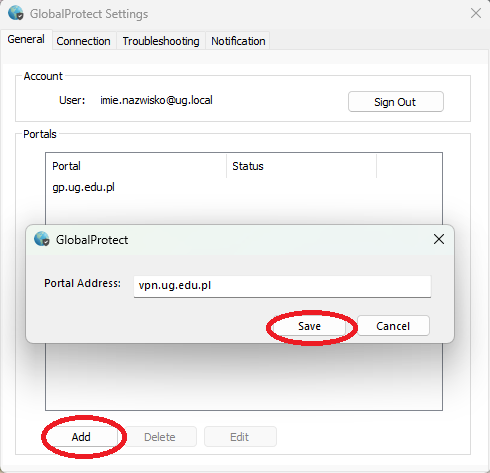 Dodawanie portalu vpn.ug.edu.pl