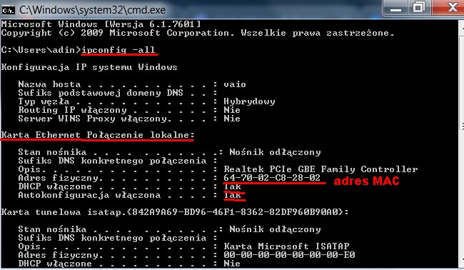 Windows7odczyt adresu MAC karty Ethernet w cmd