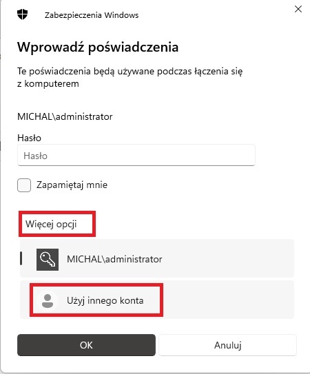 Zrzut ekranu. Logowanie. Klikamy &quot;Użyj innego konta&quot;.