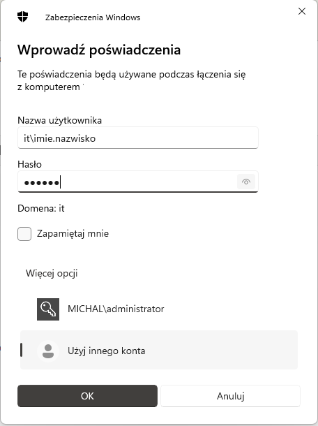 Zrzut ekranu. Logowanie. Klikamy &quot;Użyj innego konta&quot;.