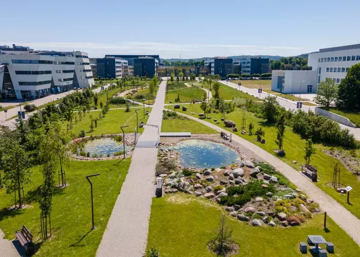 widok parku na kampusie Bałtuckim ug z powietrza - dron