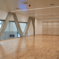 Sala fitness z drewnianym parkietem i oknami z widokiem na halę sportową.